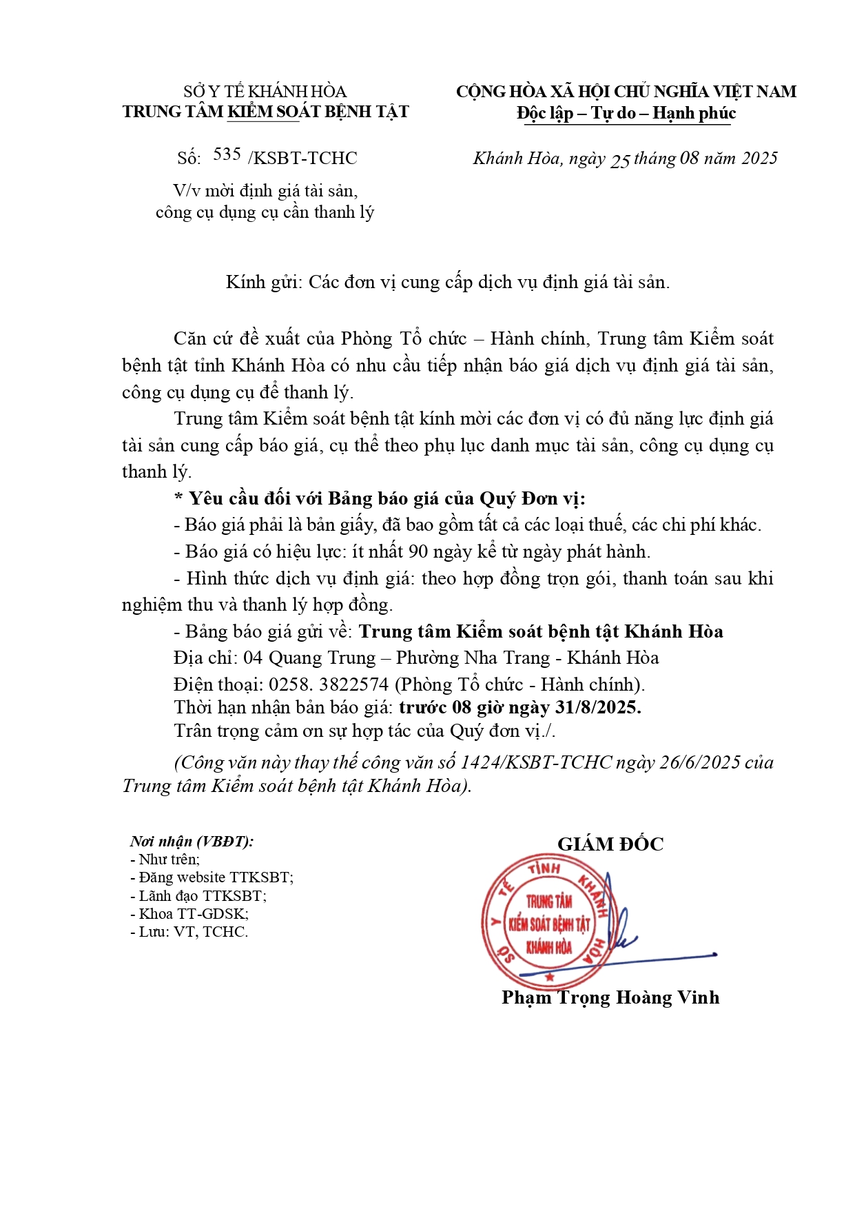 V/v mời định giá tài sản, công cụ dụng cụ cần thanh lý